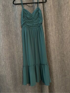 Teal Ruched Bodice Spaghetti Strap Midi Dress